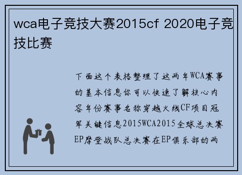 wca电子竞技大赛2015cf 2020电子竞技比赛